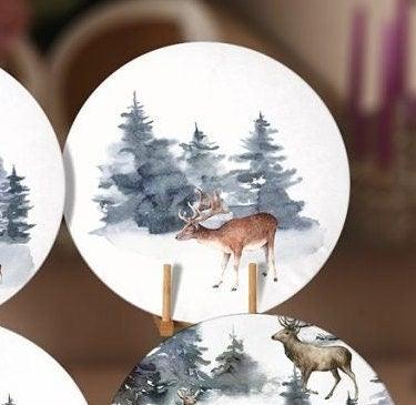 Winter Trend Placemat|Set of 6 Xmas Supla Table Mat|Snow, Pine Tree and Deer Print Round Dining Underplate|House under Snow Winter Coasters