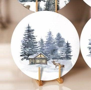 Winter Trend Placemat|Set of 6 Xmas Supla Table Mat|Snow, Pine Tree and Deer Print Round Dining Underplate|House under Snow Winter Coasters