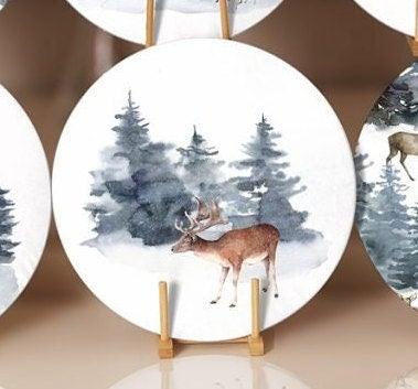 Winter Trend Placemat|Set of 6 Xmas Supla Table Mat|Snow, Pine Tree and Deer Print Round Dining Underplate|House under Snow Winter Coasters