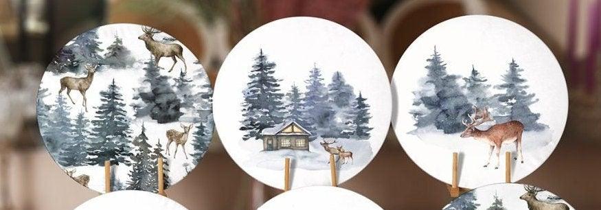 Winter Trend Placemat|Set of 6 Xmas Supla Table Mat|Snow, Pine Tree and Deer Print Round Dining Underplate|House under Snow Winter Coasters