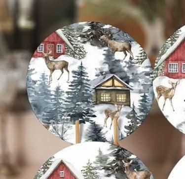 Winter Trend Placemat|Set of 6 Xmas Supla Table Mat|Snow, Deer and Pine Tree Print Round Dining Underplate|House and Snow Winter Coaster Set