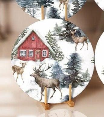 Winter Trend Placemat|Set of 6 Xmas Supla Table Mat|Snow, Deer and Pine Tree Print Round Dining Underplate|House and Snow Winter Coaster Set