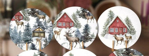 Winter Trend Placemat|Set of 6 Xmas Supla Table Mat|Snow, Deer and Pine Tree Print Round Dining Underplate|House and Snow Winter Coaster Set