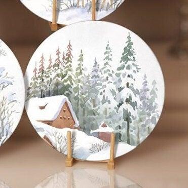 Winter Trend Placemat|Set of 6 Xmas Supla Table Mat|Snow, Deer and Pine Tree Print Round Dining Underplate|Snow House Winter Coaster Set