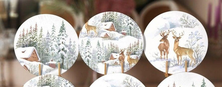 Winter Trend Placemat|Set of 6 Xmas Supla Table Mat|Snow, Deer and Pine Tree Print Round Dining Underplate|Snow House Winter Coaster Set