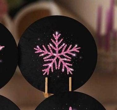 Winter Trend Placemat|Set of 6 Xmas Supla Table Mat|Snowflake Print Round Dining Underplate|Black Purple Geometric Snowflake Winter Coasters