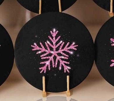 Winter Trend Placemat|Set of 6 Xmas Supla Table Mat|Snowflake Print Round Dining Underplate|Black Purple Geometric Snowflake Winter Coasters