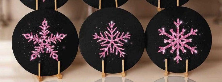 Winter Trend Placemat|Set of 6 Xmas Supla Table Mat|Snowflake Print Round Dining Underplate|Black Purple Geometric Snowflake Winter Coasters