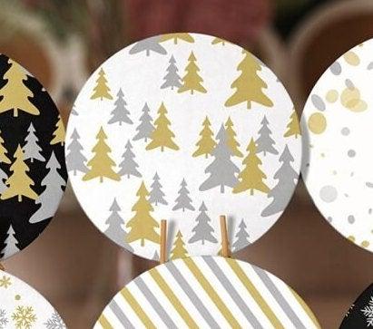 Winter Trend Placemat|Set of 6 Xmas Supla Table Mat|Pine Tree Round Dining Underplate|Black Gold White Striped Dotted Snowflake Coaster Set