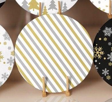 Winter Trend Placemat|Set of 6 Xmas Supla Table Mat|Pine Tree Round Dining Underplate|Black Gold White Striped Dotted Snowflake Coaster Set