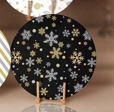 Winter Trend Placemat|Set of 6 Xmas Supla Table Mat|Pine Tree Round Dining Underplate|Black Gold White Striped Dotted Snowflake Coaster Set