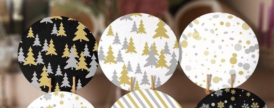 Winter Trend Placemat|Set of 6 Xmas Supla Table Mat|Pine Tree Round Dining Underplate|Black Gold White Striped Dotted Snowflake Coaster Set