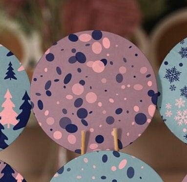 Winter Trend Placemat|Set of 6 Xmas Supla Table Mat|Pine Tree Round Dining Underplate|Snowflake on Rose Gold and Turquoise Color Coaster Set