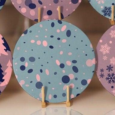 Winter Trend Placemat|Set of 6 Xmas Supla Table Mat|Pine Tree Round Dining Underplate|Snowflake on Rose Gold and Turquoise Color Coaster Set