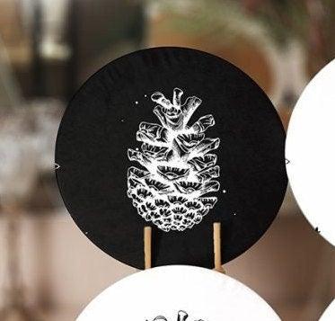 Christmas Placemat|Set of 6 Xmas Supla Table Mat|Black White Pine Tree Round Dining Underplate|Black White Pine Cone Print Winter Coasters