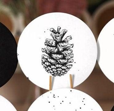 Christmas Placemat|Set of 6 Xmas Supla Table Mat|Black White Pine Tree Round Dining Underplate|Black White Pine Cone Print Winter Coasters