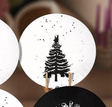 Christmas Placemat|Set of 6 Xmas Supla Table Mat|Black White Pine Tree Round Dining Underplate|Black White Pine Cone Print Winter Coasters