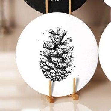 Christmas Placemat|Set of 6 Xmas Supla Table Mat|Black White Pine Tree Round Dining Underplate|Black White Pine Cone Print Winter Coasters