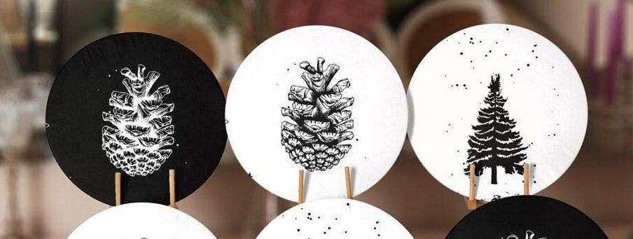 Christmas Placemat|Set of 6 Xmas Supla Table Mat|Black White Pine Tree Round Dining Underplate|Black White Pine Cone Print Winter Coasters