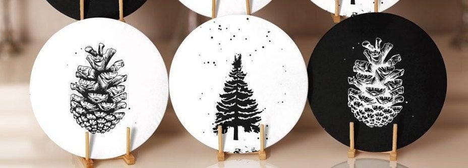 Christmas Placemat|Set of 6 Xmas Supla Table Mat|Black White Pine Tree Round Dining Underplate|Black White Pine Cone Print Winter Coasters