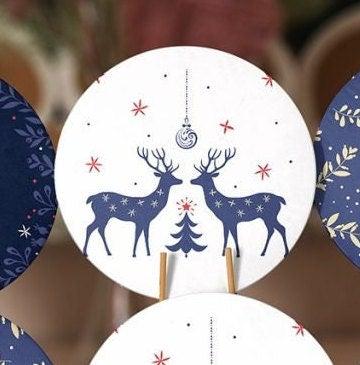 Christmas Placemat|Set of 6 Xmas Supla Table Mat|Blue White Xmas Deer Round Dining Underplate|Gold Color Leaves Print Winter Trend Coasters