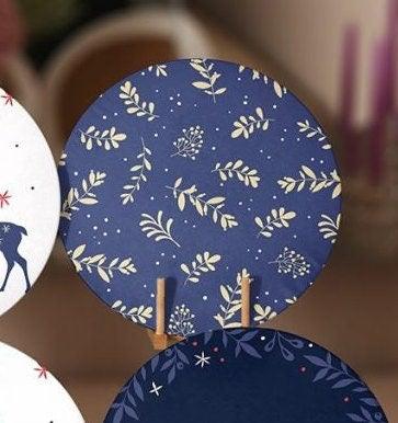 Christmas Placemat|Set of 6 Xmas Supla Table Mat|Blue White Xmas Deer Round Dining Underplate|Gold Color Leaves Print Winter Trend Coasters