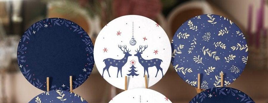 Christmas Placemat|Set of 6 Xmas Supla Table Mat|Blue White Xmas Deer Round Dining Underplate|Gold Color Leaves Print Winter Trend Coasters