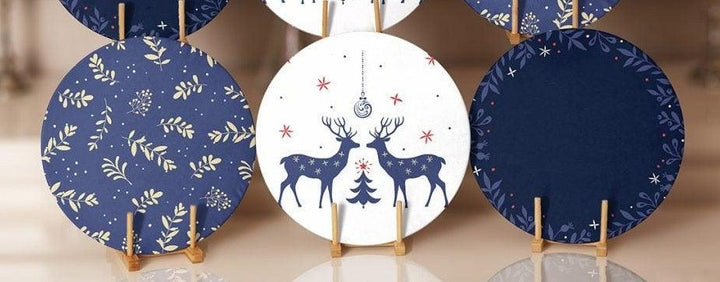 Christmas Placemat|Set of 6 Xmas Supla Table Mat|Blue White Xmas Deer Round Dining Underplate|Gold Color Leaves Print Winter Trend Coasters