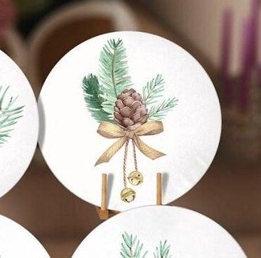 Winter Trend Placemat|Set of 6 Xmas Supla Table Mat|Pine Tree Branches Round Dining Underplate|Pine Cone with Ribbon Print Winter Coasters