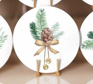 Winter Trend Placemat|Set of 6 Xmas Supla Table Mat|Pine Tree Branches Round Dining Underplate|Pine Cone with Ribbon Print Winter Coasters