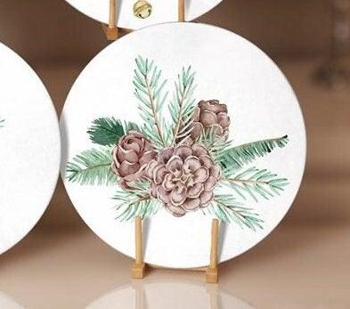 Winter Trend Placemat|Set of 6 Xmas Supla Table Mat|Pine Tree Branches Round Dining Underplate|Pine Cone with Ribbon Print Winter Coasters