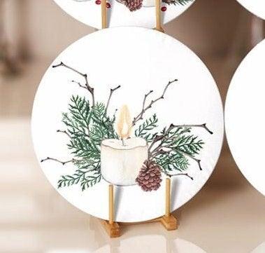 Winter Trend Placemat|Set of 6 Xmas Supla Table Mat|Pine Tree Branches Round Dining Underplate|Red Berry and Candle Print Winter Coaster Set