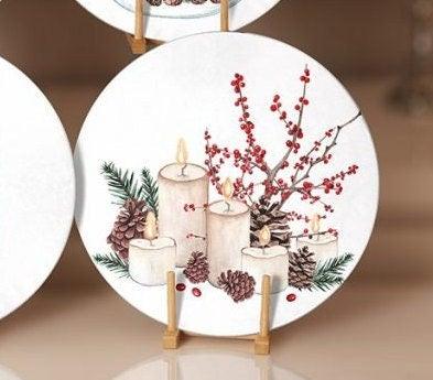 Winter Trend Placemat|Set of 6 Xmas Supla Table Mat|Pine Tree Branches Round Dining Underplate|Red Berry and Candle Print Winter Coaster Set