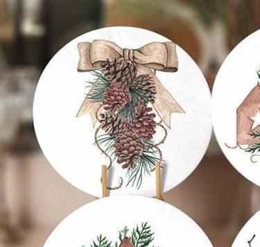 Winter Trend Placemat|Set of 6 Xmas Supla Table Mat|Pine Cone with Ribbon Round Dining Underplate|Candle and Wood Pine Tree Winter Coaster