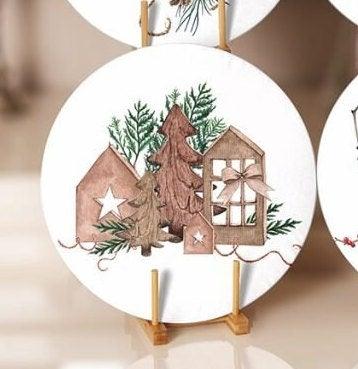 Winter Trend Placemat|Set of 6 Xmas Supla Table Mat|Pine Cone with Ribbon Round Dining Underplate|Candle and Wood Pine Tree Winter Coaster