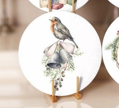 Winter Trend Placemat|Set of 6 Xmas Supla Table Mat|Decorated Xmas Tree Round Dining Underplate|Xmas Bell and Bird Print Winter Coaster Set