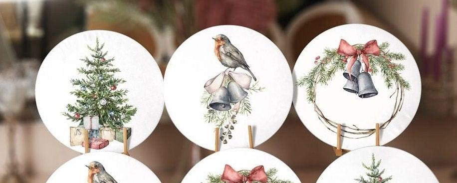 Winter Trend Placemat|Set of 6 Xmas Supla Table Mat|Decorated Xmas Tree Round Dining Underplate|Xmas Bell and Bird Print Winter Coaster Set