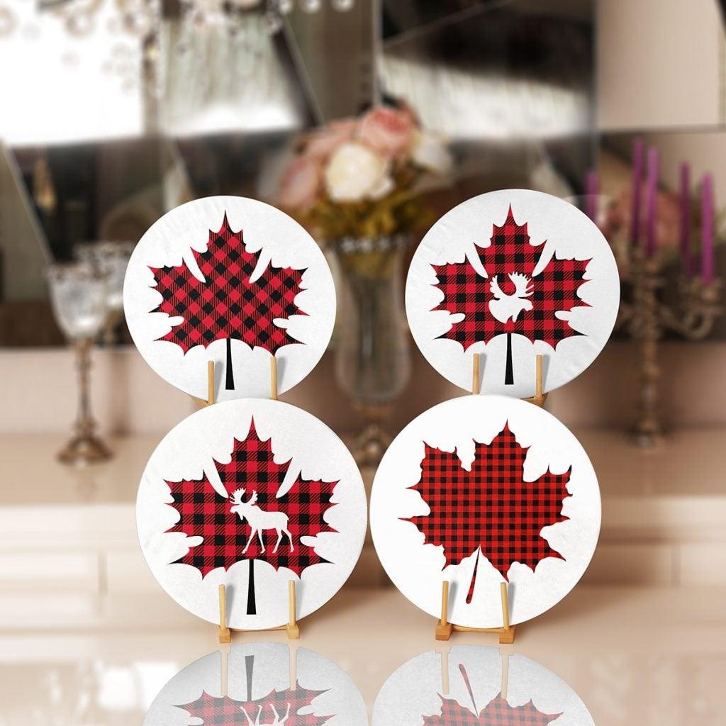 Christmas Placemat|Set of 4 Xmas Supla Table Mat|Red Black Checkered Leaf with Deer Round Dining Underplate|Buffalo Check Leaf, Deer Coaster