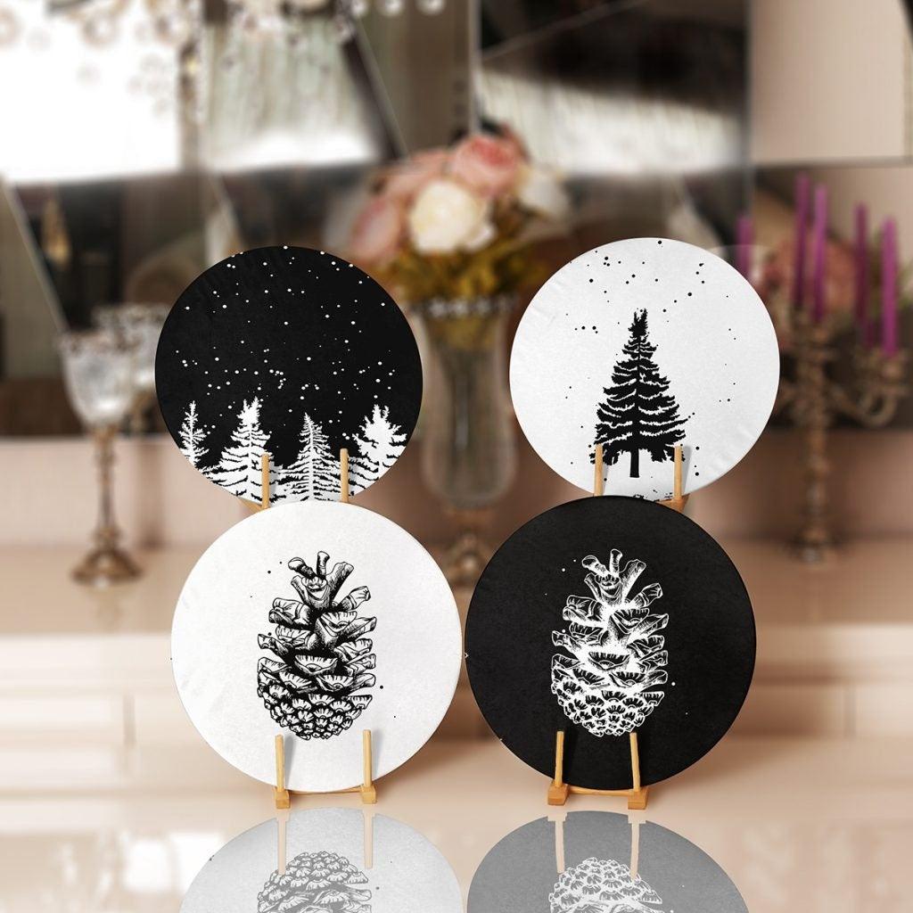 Christmas Placemat|Set of 4 Xmas Supla Table Mat|Black White Pine Tree Round Dining Underplate|Black White Pine Cone Print Winter Coasters