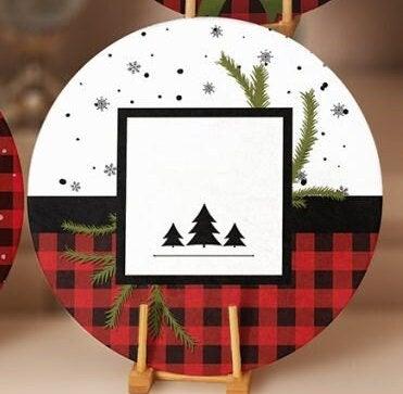 Christmas Placemat|Set of 4 Xmas Supla Table Mat|Buffalo Plaid Xmas Deer Round Dining Underplate|Merry Xmas and Green Leaves Coaster Set