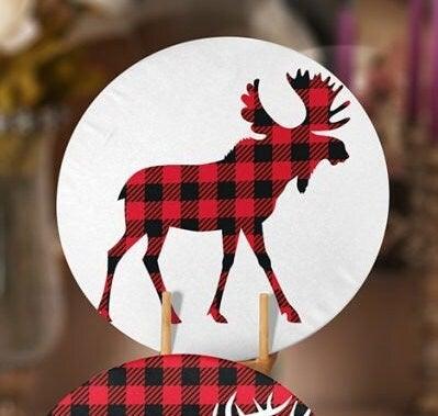 Christmas Placemat|Set of 4 Xmas Supla Table Mat|Buffalo Plaid Xmas Deer Round Dining Underplate|Red Black White Winter Trend Coaster Set