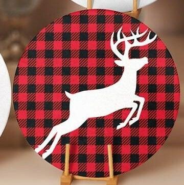 Christmas Placemat|Set of 4 Xmas Supla Table Mat|Buffalo Plaid Xmas Deer Round Dining Underplate|Red Black White Winter Trend Coaster Set