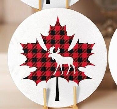 Christmas Placemat|Set of 4 Xmas Supla Table Mat|Red Black Checkered Leaf with Deer Round Dining Underplate|Buffalo Check Leaf, Deer Coaster