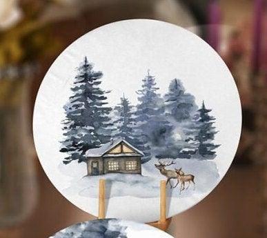 Winter Trend Placemat|Set of 4 Xmas Supla Table Mat|Snow, Pine Tree and Deer Print Round Dining Underplate|House under Snow Winter Coasters