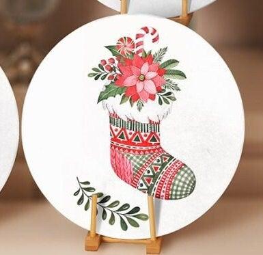 Christmas Placemat|Set of 4 Xmas Supla Table Mat|Red Poinsettia Round Dining Underplate|Floral Xmas Bell and Xmas Socks Winter Coasters Set