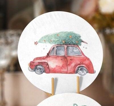 Christmas Placemat|Set of 4 Xmas Supla Table Mat|Xmas Tree Carrying Red Car Round Dining Underplate|Green Van and Xmas Tree Print Coasters