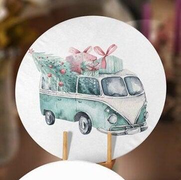 Christmas Placemat|Set of 4 Xmas Supla Table Mat|Xmas Tree Carrying Red Car Round Dining Underplate|Green Van and Xmas Tree Print Coasters