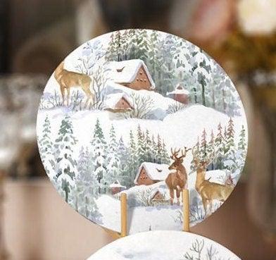 Winter Trend Placemat|Set of 4 Xmas Supla Table Mat|Snow, Deer and Pine Tree Print Round Dining Underplate|Snow House Winter Coaster Set