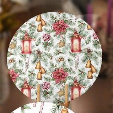 Christmas Placemat|Set of 4 Xmas Supla Table Mat|Red Poinsettia Round Dining Underplate|Cardinal Bird, Pine Cone, Pine Tree Needles Coaster