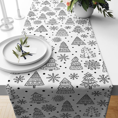 Winter Pine Tree Table Runner|Christmas Table Decor|Snowflake Table Centerpiece|Beige Green Black and White Abstract Pine Tree Tablecloth